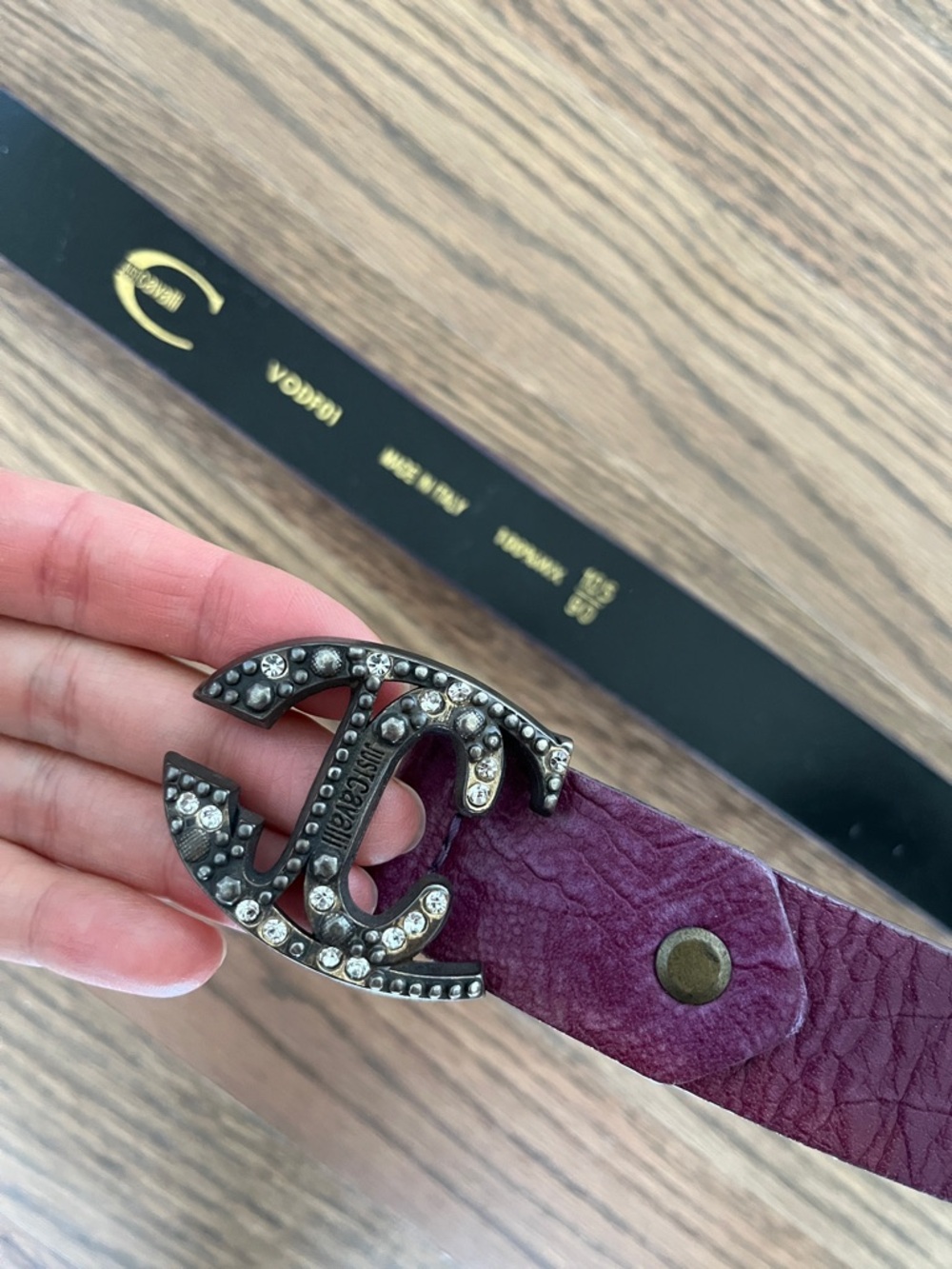 Just Cavalli Plum Leather Belt with Crystal-Studded Logo Buckle